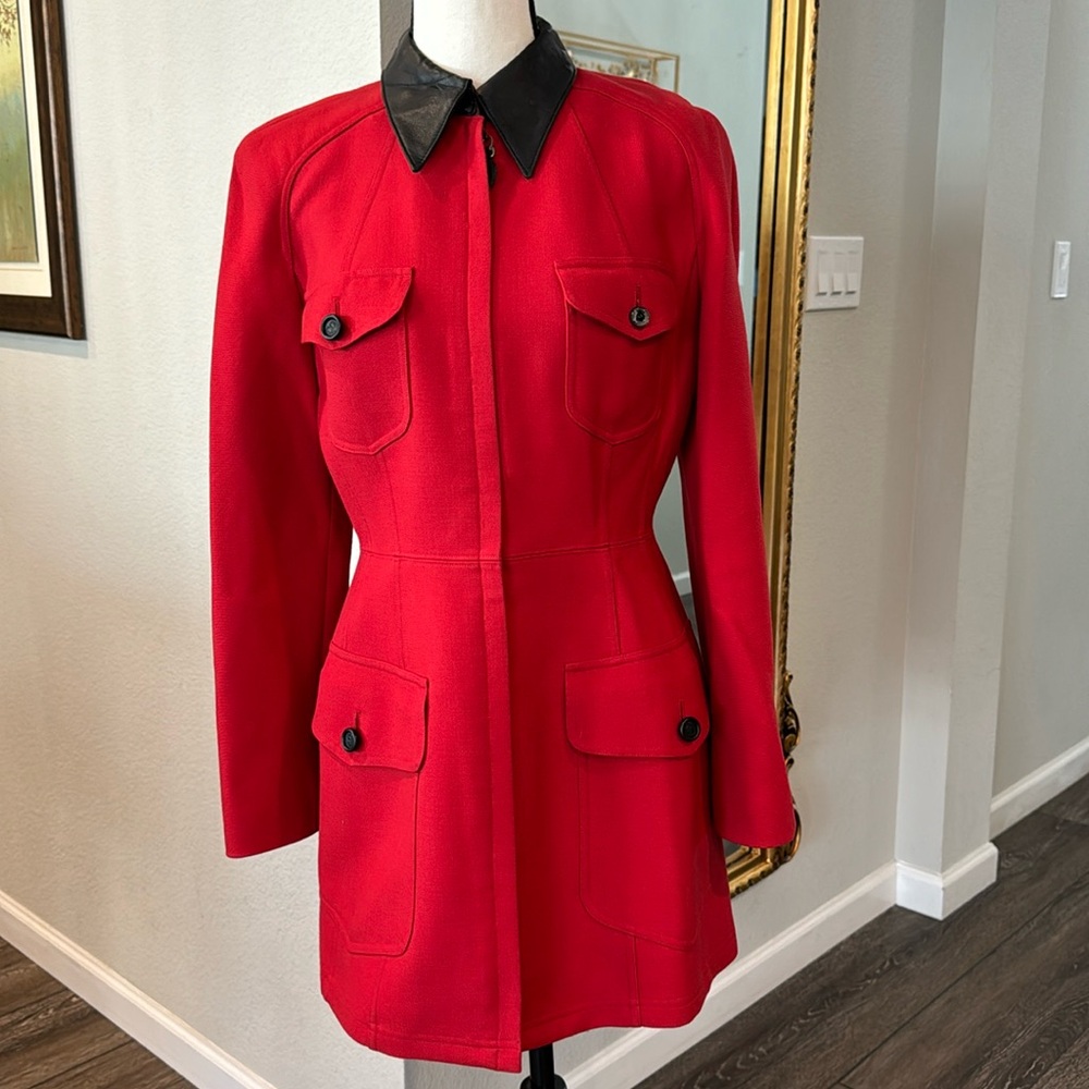 Dior Red Pea Coat with Black Collar